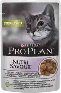 Паучи PRO PLAN Nutri Savour Sterilised Cat Chunks with Turkey in Jelly кусочки в желе с индейкой для стерилизованных кошек 85г (12287047): характерист