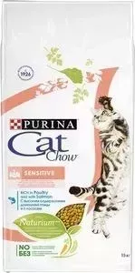 Сухой корм CAT CHOW Adult Sensitive rich in Poultry and Salmon с домашней птицей и лососем для кошек с чувствительным пищеварением 15кг (12147057)