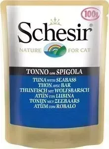 Паучи Schesir Nature for Cat Tuna with Seabass кусочки в желе с тунцом и морским окунем (сибасом) для кошек 100г (С565)