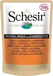 Паучи Schesir Nature for Cat Tuna Chicken Fillets Shrimps кусочки в желе с тунцом, куриным филе и креветками для кошек 100г (С578)