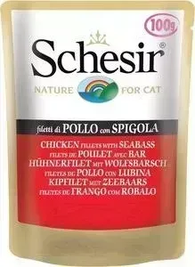 Паучи Schesir Nature for Cat Chicken Fillets with Seabass кусочки в желе с куриным филе и морским окунем (сибасом) для кошек 100г (С566): характеристи