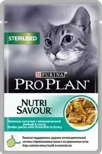 Паучи PRO PLAN Nutri Savour Sterilised Cat Pieces with Ocean Fish in Gravy кусочки в соусе с рыбой для стерилизованных кошек 85г (12305887): характери