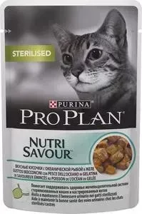 Паучи PRO PLAN Nutri Savour Sterilised Cat Chunks with Ocean Fish in Jelly кусочки в желе с рыбой для стерилизованных кошек 85г (12287097): характерис