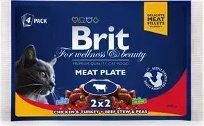 Паучи Brit Premium Cat Meat Plate мясная говядина с горошком и курица с индейкой для кошек набор 4шт*100г (100312)