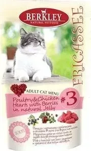 Паучи Berkley Fricasse Cat Menu PoultryChicken heartsBerries in Jelly № 3 с птицей, куриными сердечками и ягодами в желе кошек 100г (75272): характери