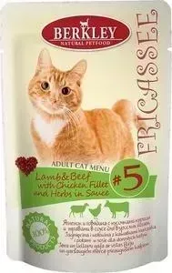 Паучи Berkley Fricasse Adult Cat Menu LambBeef,Chicken FilletHerbs in Sauce № 5 с ягненком,говядиной и курицей в соусе для кошек 85г (75254): характер