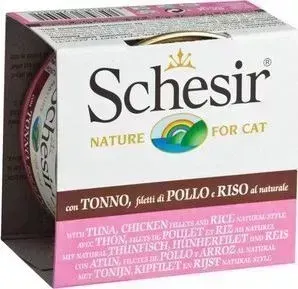 Консервы Schesir Nature for Cat Tuna Chicken Fillets Rice Natural Style кусочки в собственном соку с тунцом,курицей и рисом для кошек 85г(С175): харак