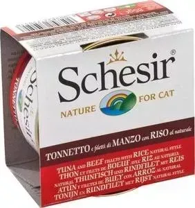 Консервы Schesir Nature for Cat Tuna Beef Rice Natural Style кусочки в собственном соку с тунцом, говядиной и рисом для кошек 85г(С176): характеристик