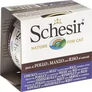Консервы Schesir Nature for Cat Chicken Fillets BeefRice Natural Style кусочки в собственном соку с курицей,говядиной рисом для кошек 85г(С179): харак