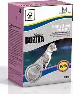 Консервы BOZITA Sensitive Hair Skin Chunks in Jelly with Salmon кусочки в желе с лососем для кошек с чувствительной кожей и шерстью 190г(2161): характ