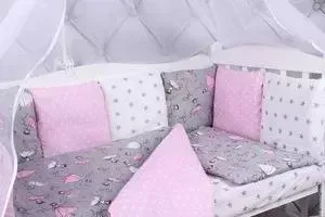 Борт в кроватку AmaroBaby в 12 предметов (12 подушек-бортиков) МЕЧТА (серый/роз., поплин/бязь)