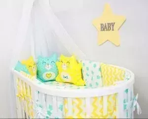 Комплект By Twinz для круглой кроватки 7 пр. с игрушками Котики мята-желтый КПБ7-К.К-КОТИКИ-МЖ/053-МЖ