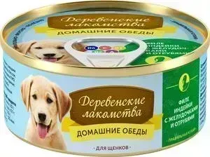 Лакомства Деревенские Лакомства Консервы Деревенские Домашние обеды Филе индейки с желудочками и отрубями для щенков 100г