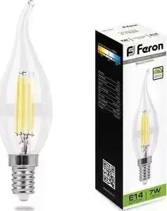 Лампа светодиодная FERON филаментная диммируемая LB-167 25873 E14 7W 4000K Свеча на ветру Прозрачная