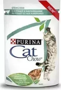 Пауч CAT CHOW и Adult Cat Sterelised с курицей и баклажанами кусочки в соусе для стерилизованных кошек 85г