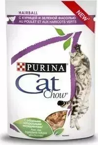 Пауч CAT CHOW и Adult Cat Hairball с курицей и зеленой фасолью кусочки в соусе для вывод шерсти из ЖКТ для кошек 85г