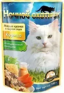 Пауч Ночной охотник и Мясные кусочки в сырном соусе курица для кошек 100г