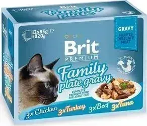 Пауч Brit и Premium Family Plate Gravy Chicken,Turkey,Beef,Tuna кусочки в соусе курица, индейка, говядина, тунец для кошек 12х85г (519422): характерист