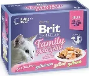 Пауч Brit и Premium Family Plate Jelly Chicken,Salmon,Beef,Trout кусочки в желе курица, лосось, говядина, форель для кошек 12х85г (519408): характерист