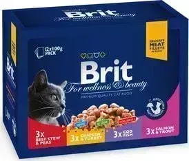 Пауч Brit и Premium Cat Ассорти "Семейное" с говядиной, курицей, треской и лососем для кошек 12шт*100г (100313)
