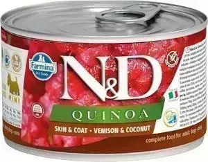 Консервы Farmina ND Adult Dog Mini Quinoa SkinCoat Venison Coconut с олениной, киноа и кокосом для собак мелких пород 140г