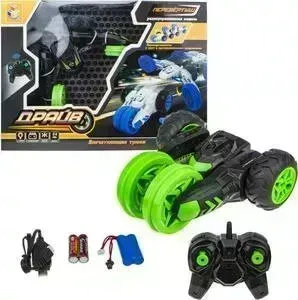 Машинка 1TOY на радиоуправлении перевёртыш трюковая трёхколёсная черно-зеленый Т10960
