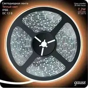 Лента GAUSS светодиодная влагозащищенная 7,2W/m 30LED/m 5050SMD теплый белый 5M 311000107