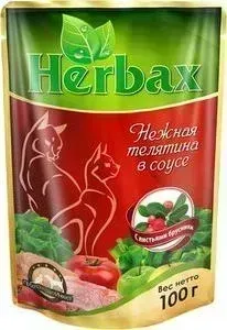 Пауч Herbax и Нежная телятина в соусе с листьями брусники для кошек 100г