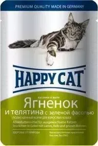 Пауч Happy Cat и Ягненок и телятина с зеленой фасолью кусочки в желе для взрослых кошек 100г (1002307)