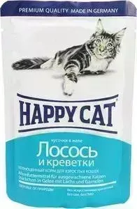 Пауч Happy Cat и Лосось и креветки кусочки в желе для взрослых кошек 100г (1002310)