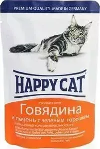 Пауч Happy Cat и Говядина и печень с зеленым горошком кусочки в желе для взрослых кошек 100г (1002311)