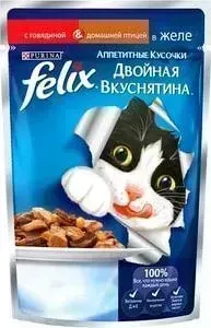 Пауч Felix и Двойная вкуснятина аппетитные кусочки в желе с говядиной домашней птицей для кошек 85г (12294934)