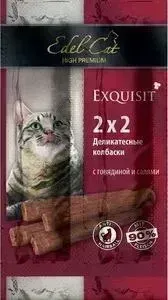 Лакомство Edel Cat Exquisit 2Х2 Anti Hairball деликатесные колбаски с говядиной и салями вывод шерсти из желудка для кошек 30г (1001872): характеристи