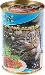 Консервы Ночной охотник Кусочки мяса в желе морской коктейль для кошек 400г