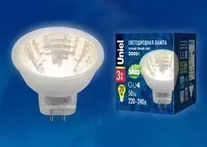 Лампа светодиодная UNIEL LED-MR11-3W/WW/GU4/220V GLZ21TR