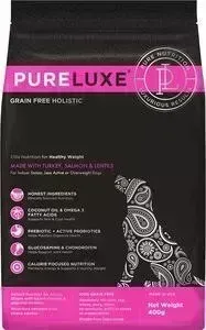 Сухой корм PureLuxe для нормализации веса собак с индейкой лососем и чечевицей 400г
