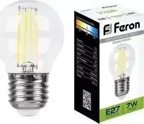 Лампа светодиодная FERON филаментная LB-52 25877 E27 7W 4000K Шар Прозрачная
