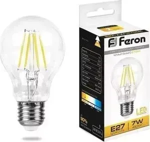 Лампа светодиодная FERON филаментная LB-57 25569 E27 7W 2700K Шар Прозрачная