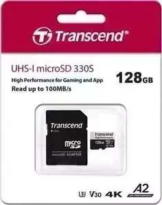 Карта памяти TRANSCEND 128GB High Performance, microSDXC UHS-I U3, V30, A2 [R/W - 100/85 MB/s] с адаптером (TS128GUSD330S)