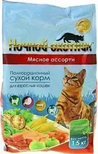 Сухой корм Ночной охотник Мясное ассорти для взрослых кошек 1,5кг