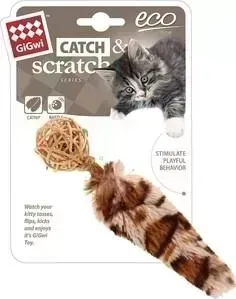 Игрушка GiGwi Cat Toys Eco Line Catch Skratch плетеный мячик с колокольчиком и с хвостом с кошачей мятой для кошек (75439)