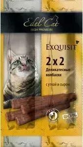 Лакомство Edel Cat Exquisit 2Х2 Anti Hairball деликатесные колбаски с уткой и сыром вывод шерсти из желудка для кошек 30г (1001874)