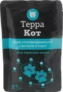 Пауч Терра Кот и Корм консервированный с лососем в соусе для взрослых кошек 85г (ТК-503)