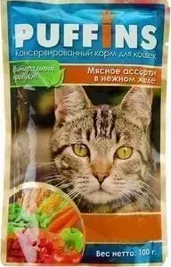 Пауч Puffins и Мясное ассорти в нежном желе для кошек 100г