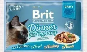 Пауч Brit и Premium Dinner Plate Gravy Chicken,Beef,Turkey,Tuna кусочки в соусе курица, говядина, индейка, тунец для кошек 4х85г (519415): характеристи