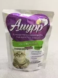 Пауч Амурр и Утка с морковью кусочки мяса в желе для взрослых кошек 100 г