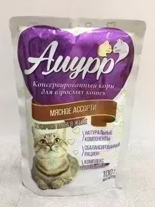 Пауч Амурр и Мясное ассорти кусочки мяса в желе для взрослых кошек 100 г