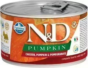Консервы Farmina N&D Adult Dog Chicken, Pumpkin & Pomegranate беззерновой с курицей, тыквой и гранатом для взрослых собак мелких пород 140г: характери