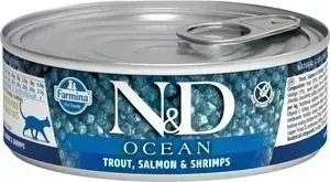 Консервы Farmina N&D Adult Cat Ocean Trout, Salmon & Shrimp с форелью, лососем и креветками для взрослых кошек 80г