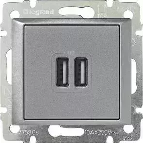Розетка Legrand USB двойная Valena 240V/5V 2400mA алюминий 770270